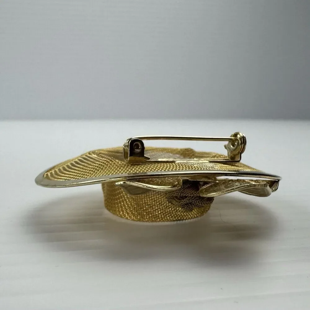 Vintage Gold Tone Mesh Hat Brooch Pin Floral Leaves Statement Retro